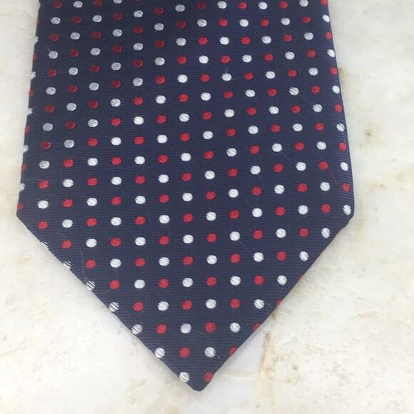 LAND'S END NAVY WHITE RED PIN-DOT ALL SILK NECKTIE - Picture 1 of 14